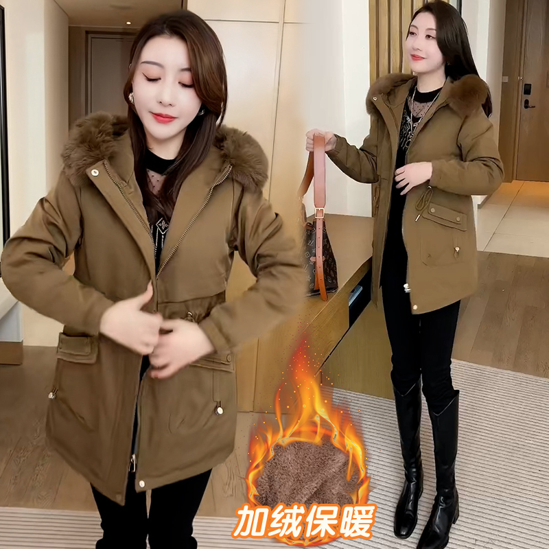 加绒加厚连帽派克外套女2025年冬季新款小个子毛领保暖中长款棉服