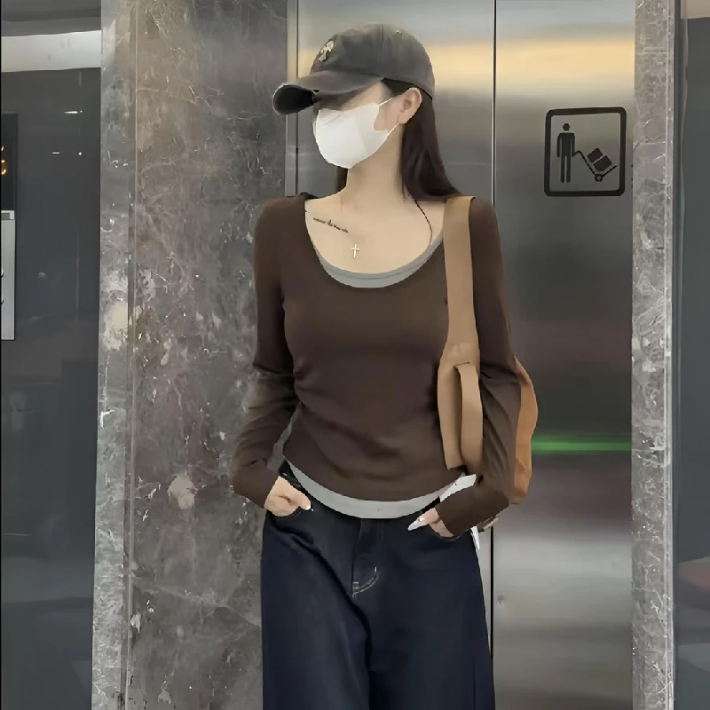 美式复古假两件圆领长袖T恤女装秋季独特别致内搭辣妹风打底上衣