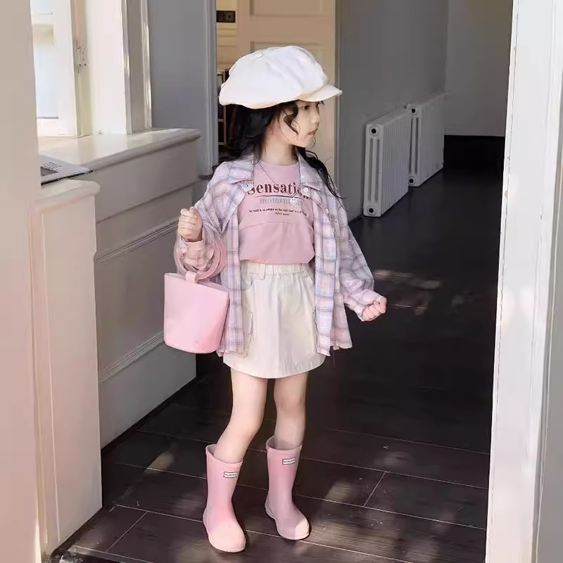 女童格子衬衫春装新款儿童宽松上衣长袖衬衣洋气百搭背心工装裙裤