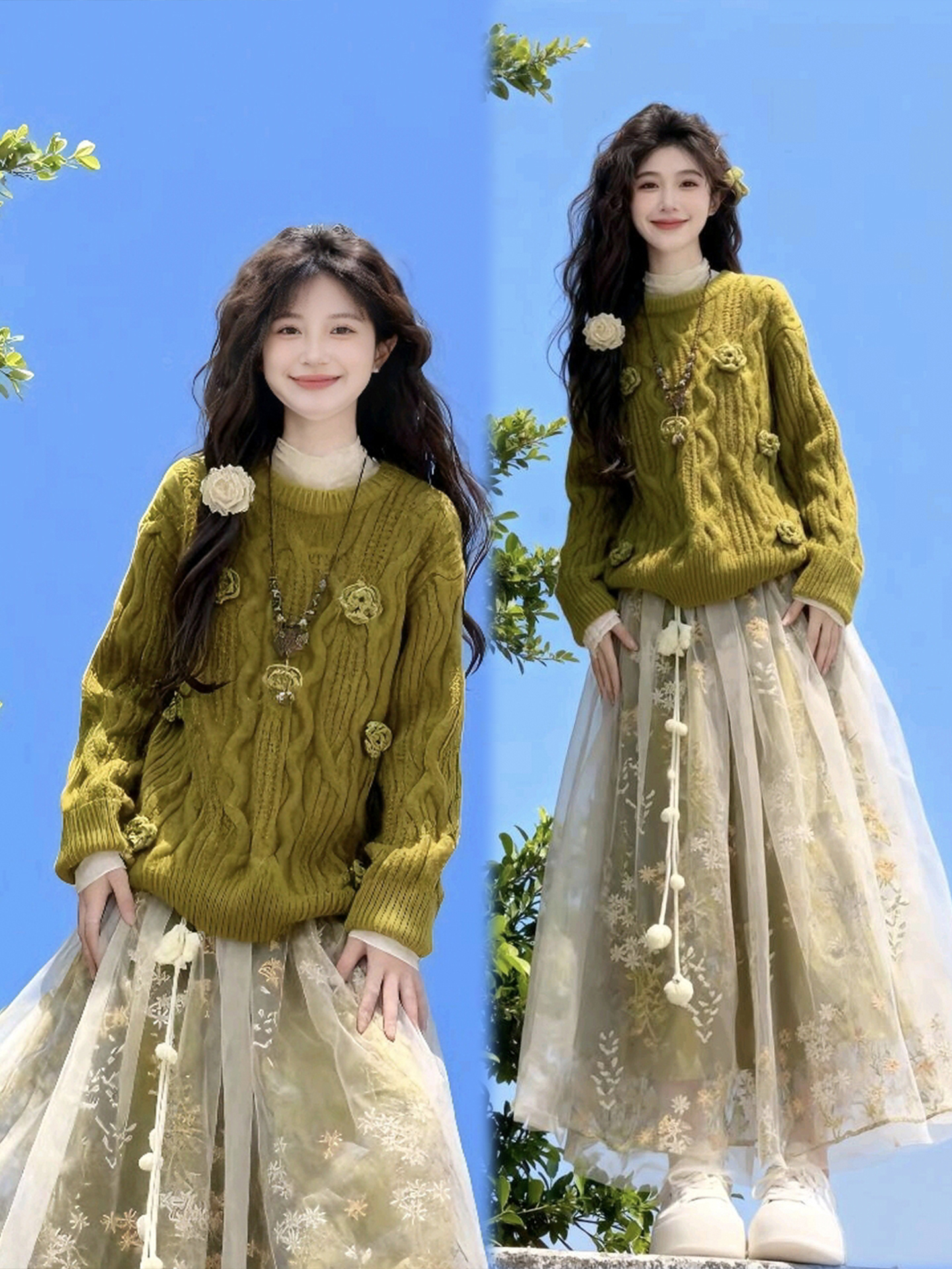 巨好看冬装一整套裙女甜美温柔风钩花针织毛衣高腰网纱半身裙套装