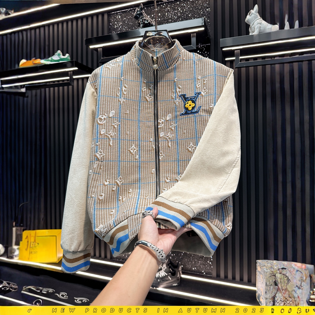 蒂斯派尔欧货男士高端刺绣格子休闲外套秋季潮牌拼接棒球服夹克男