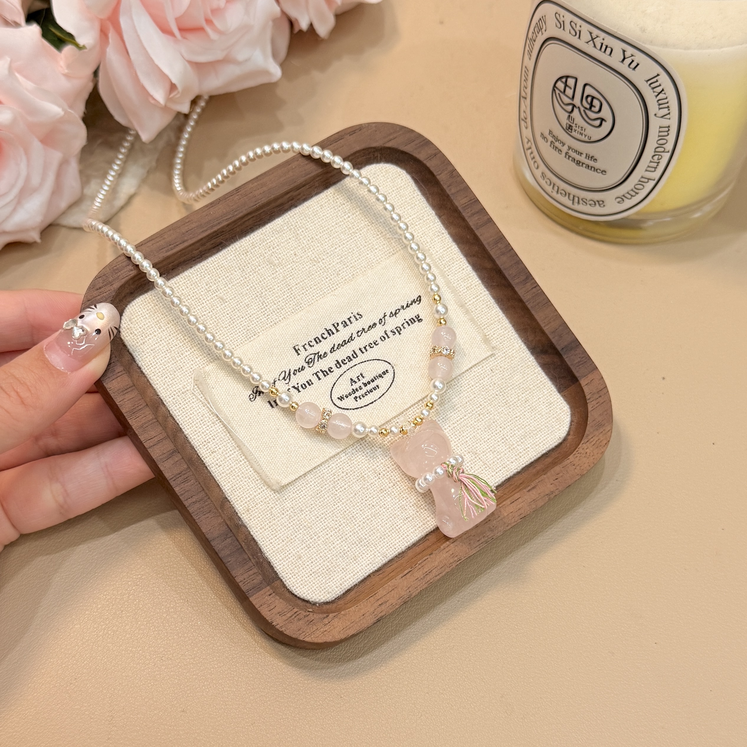 A289天然粉水晶小猫咪水晶项链