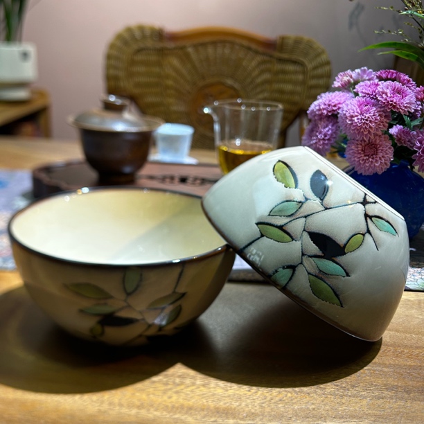 小可陶瓷玉泉竹叶6英寸面碗高温瓷釉下彩手绘餐具