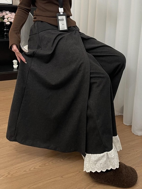 深灰色蕾丝花边拼接阔腿裤裙女秋季大码胖mm休闲a字半身长裙裤子