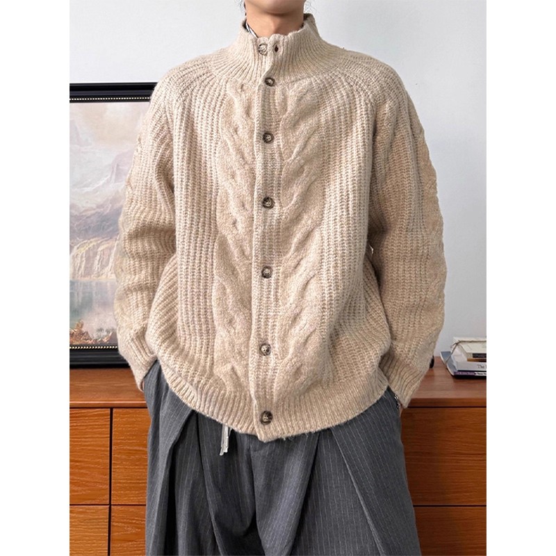 老钱风立领外穿毛衣男美式复古纽扣慵懒风开衫单利针织衫重磅外套