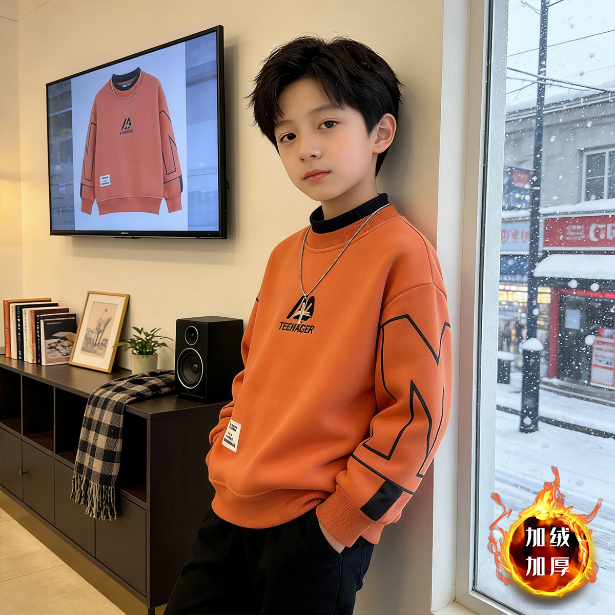 儿童冬款加绒卫衣2026新款男童冬季加厚休闲上衣男孩帅气韩版时髦