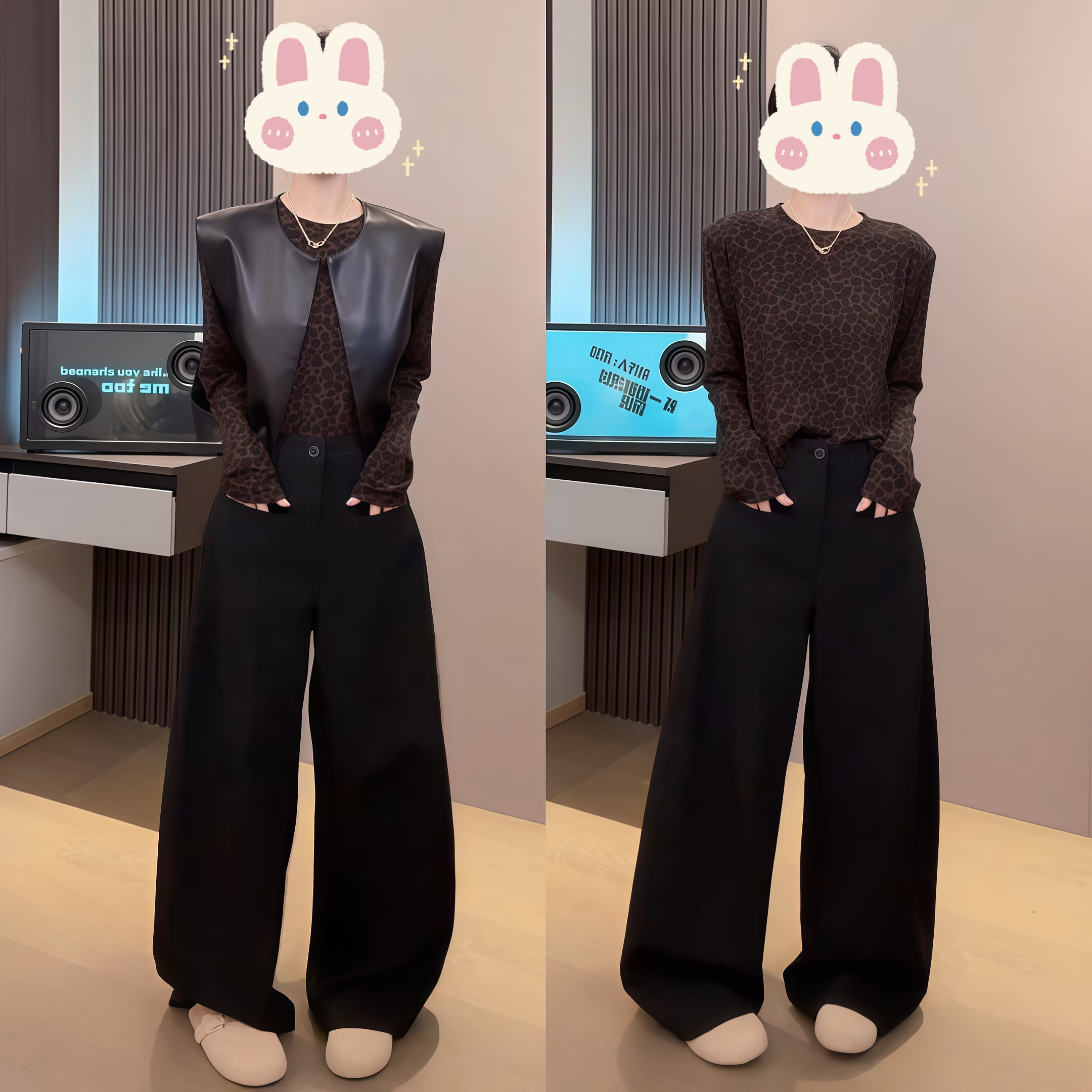 秋季新品豹纹圆领套头上衣百搭+马甲+弯刀裤+套装BB50261