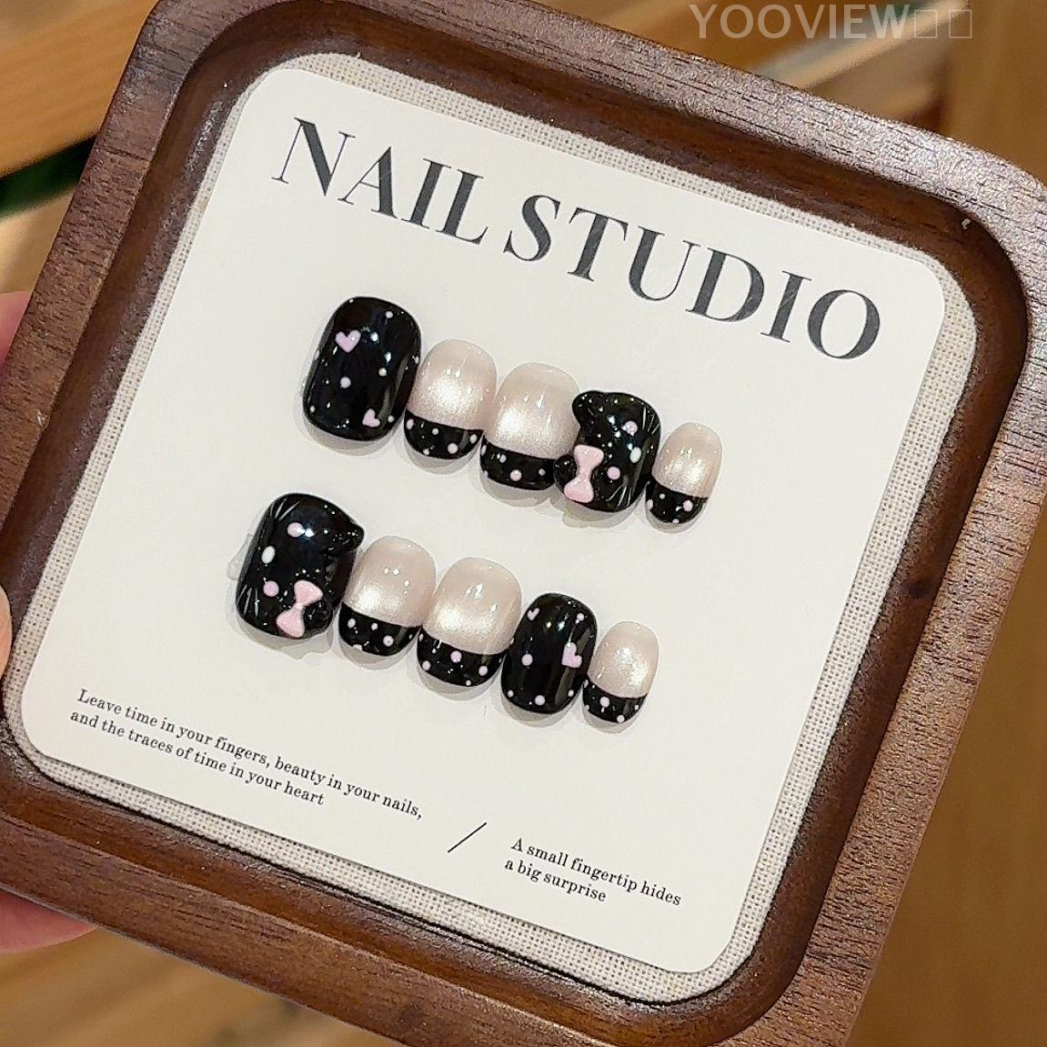 猫眼美甲猫咪】浮雕kitty耳朵波点法式猫眼短款萌嫩穿戴甲