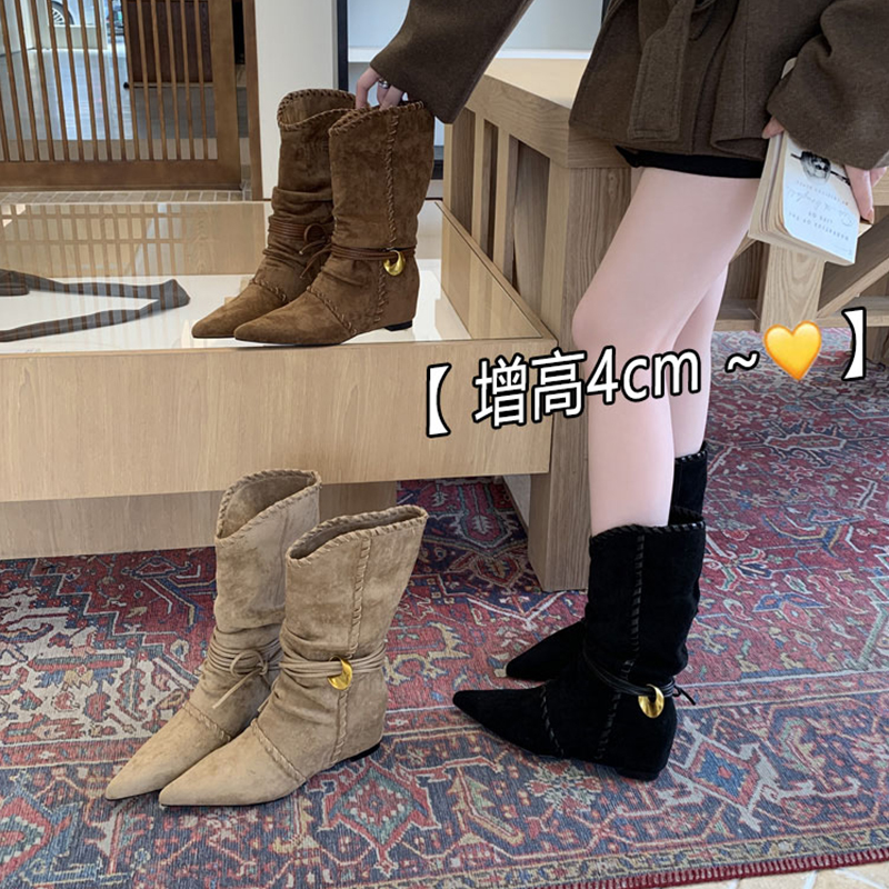 复古废土风内增高尖头短靴女2025秋季新款时尚小众西部牛仔堆堆靴