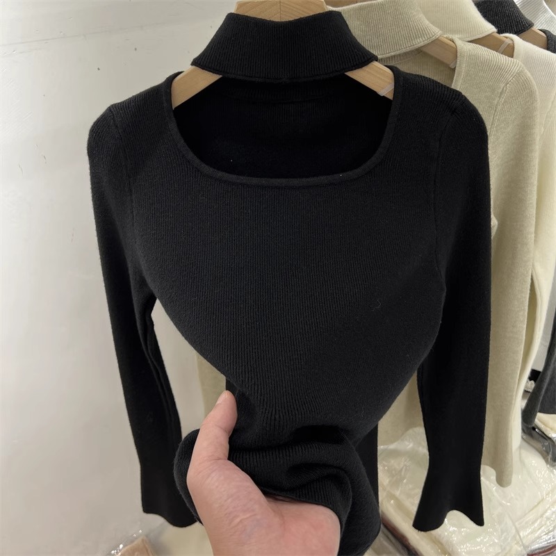 设计感镂空挂脖长袖针织衫女毛衣2025春秋新款洋气内搭打底衫上衣