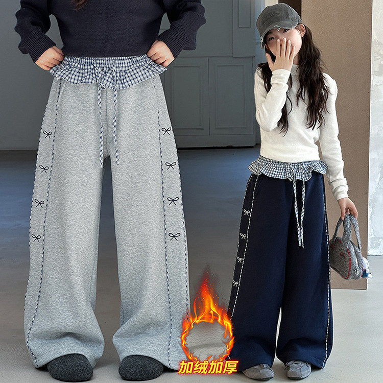 女童秋冬款拼腰格子加绒裤子2025新款中大童直筒阔腿裤女孩休闲裤