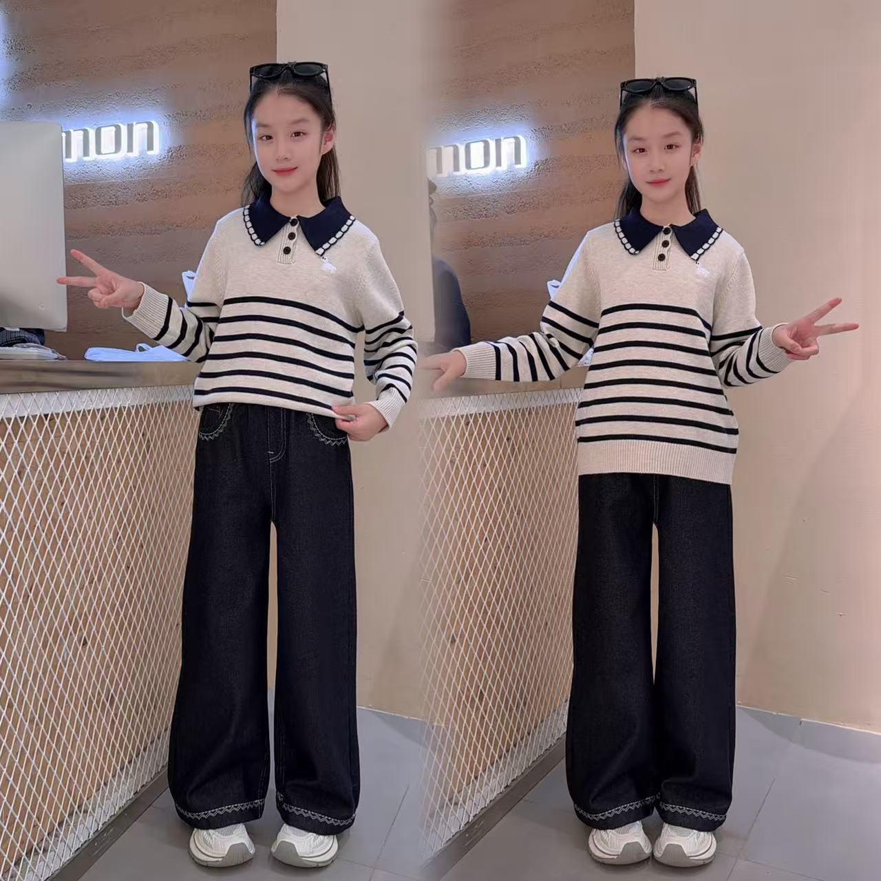 女童针织毛衣套装秋冬新款保暖毛衣女孩中大童加绒牛仔裤两件套潮