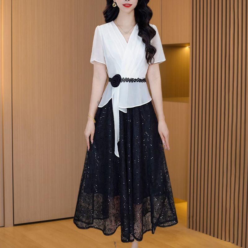 拉夏贝尔十三行爆款法式连衣裙2025夏季轻奢小众高级感女装假两件