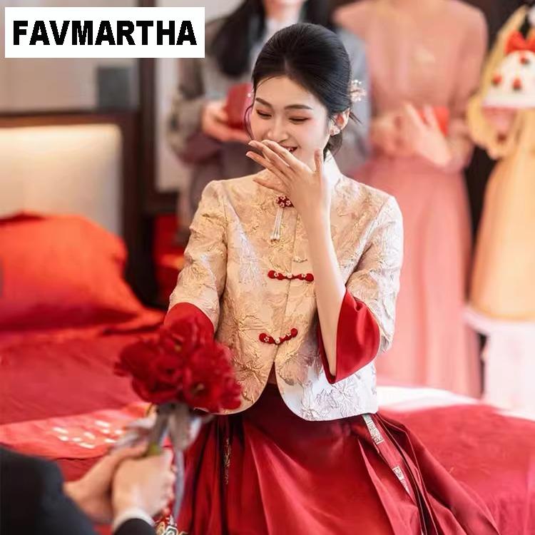 FAVMARTHA大码新中式外套马面裙两件套女婚服春夏汉服套装敬酒服