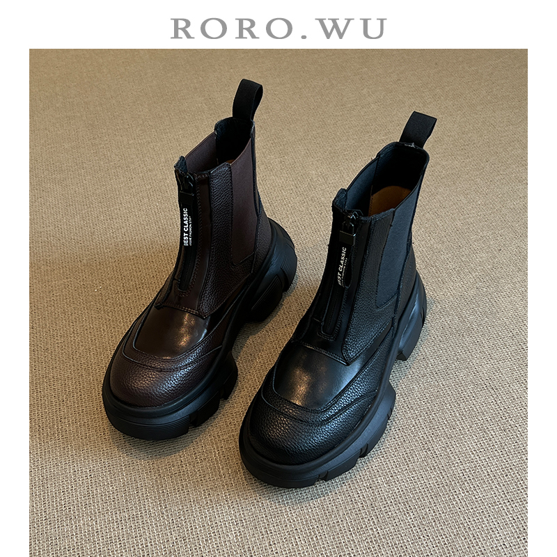 娆娆吴·牛贴皮前拉链经典法式复古厚底马丁靴时尚短靴女靴X376