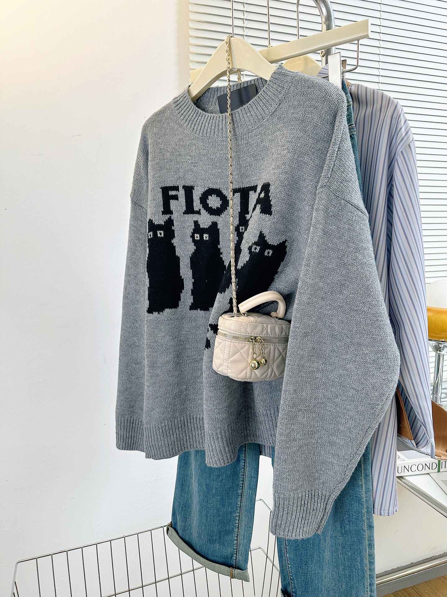 原创猫咪提花圆领灰色毛衣男女情侣秋冬潮美式复古宽松慵懒针织衫