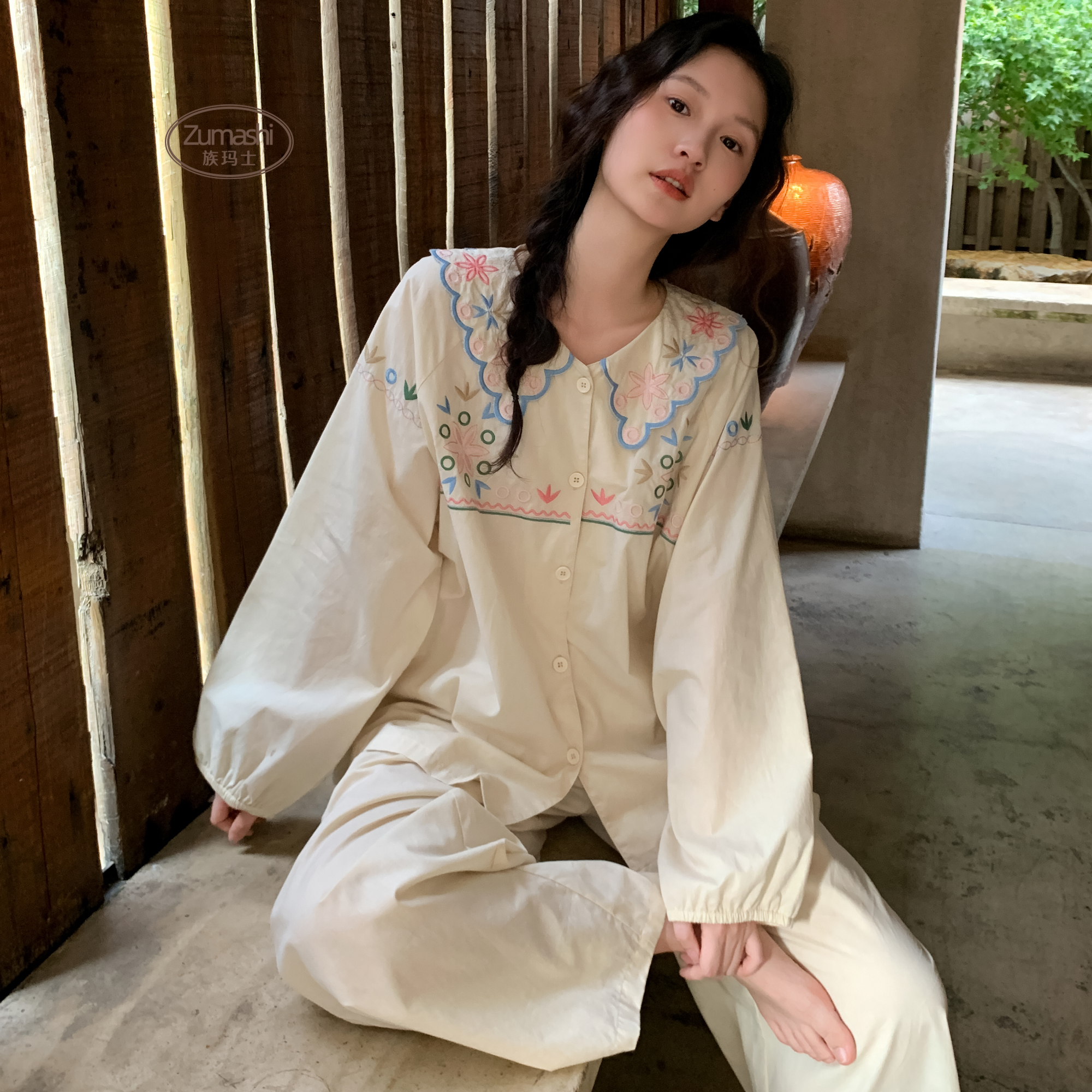 族玛士睡衣女款2025新款春秋冬季长袖梭织纯棉刺绣大码家居服套装