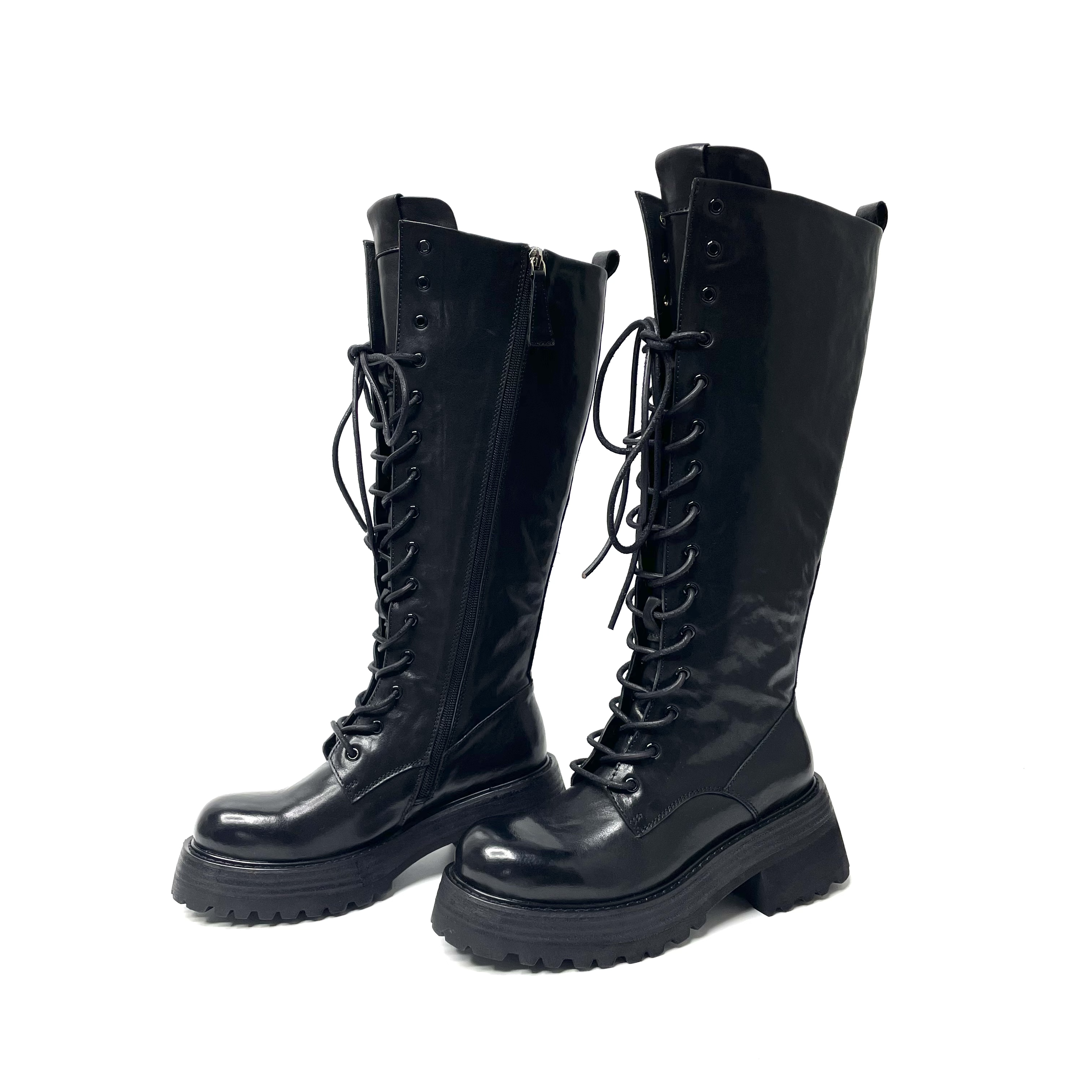 高档舒适秋冬新款水洗马皮厚底高筒靴时尚百搭显瘦系带长筒靴女潮