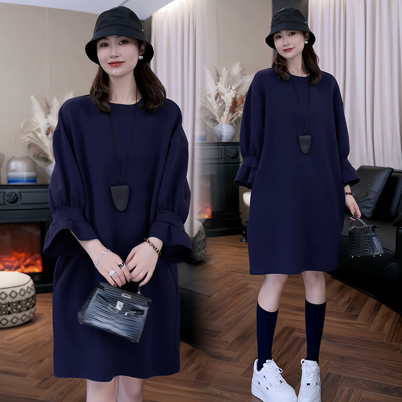 高含棉简约风潮流休闲长袖连衣裙2025年秋冬新款圆领遮肉百搭裙子