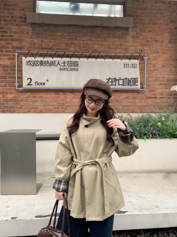 圆脸小雯/春秋款英伦风格纹撞色休闲廓形显瘦宽松气质风衣