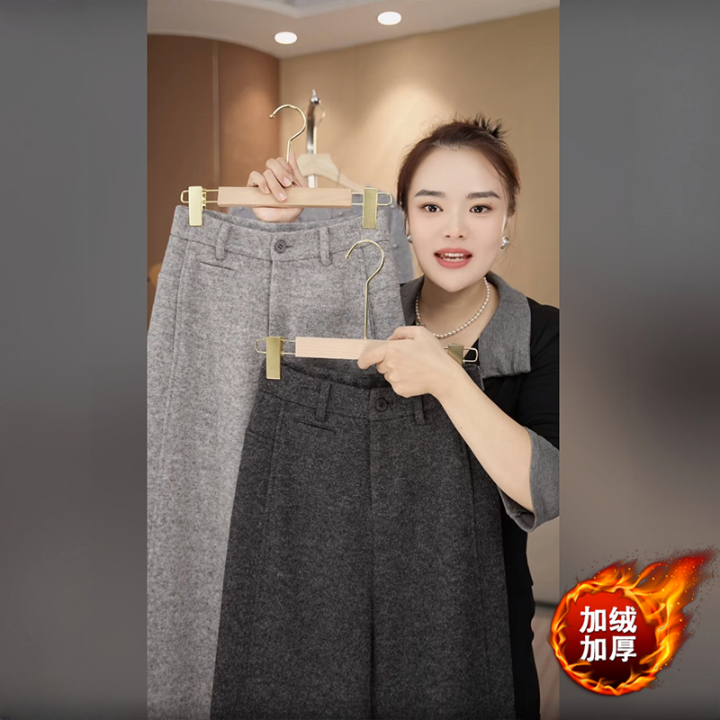 秋冬新款绵羊毛直筒高腰阔腿裤子女加绒显瘦保暖休闲裤子显瘦休闲