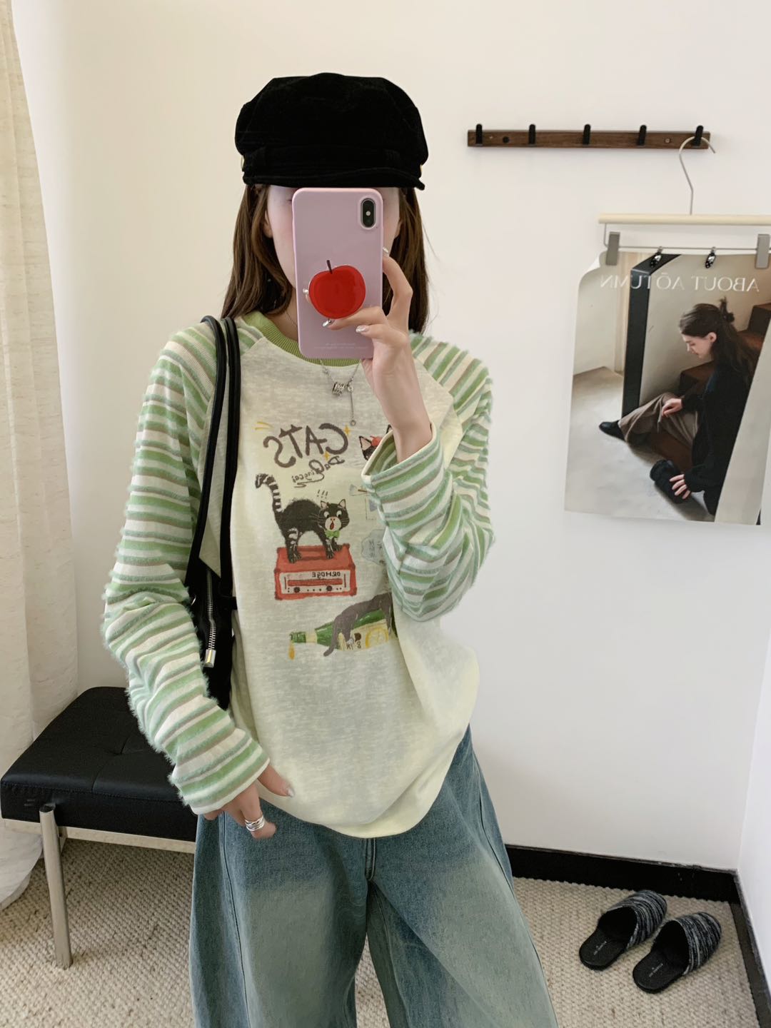 猫鼠熊秋季醉酒小猫印花圆领条纹插肩袖长袖上衣T恤套头韩版百搭