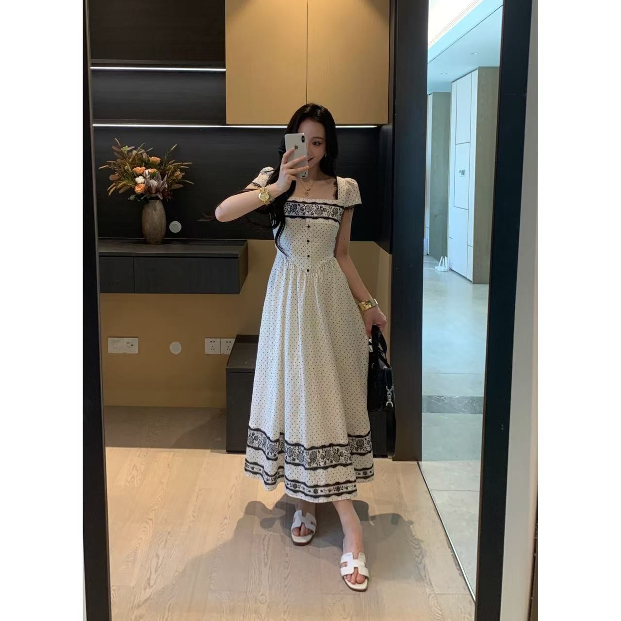 XINYI【波点曼波】夏季暗纹波点连衣裙收腰显瘦气质裙X625Q11221