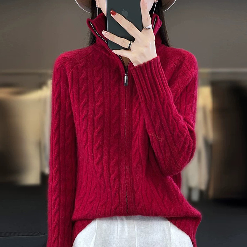 100纯羊绒衫女士冬季新款加厚拉链针织开衫外套时尚羊毛外穿毛衣