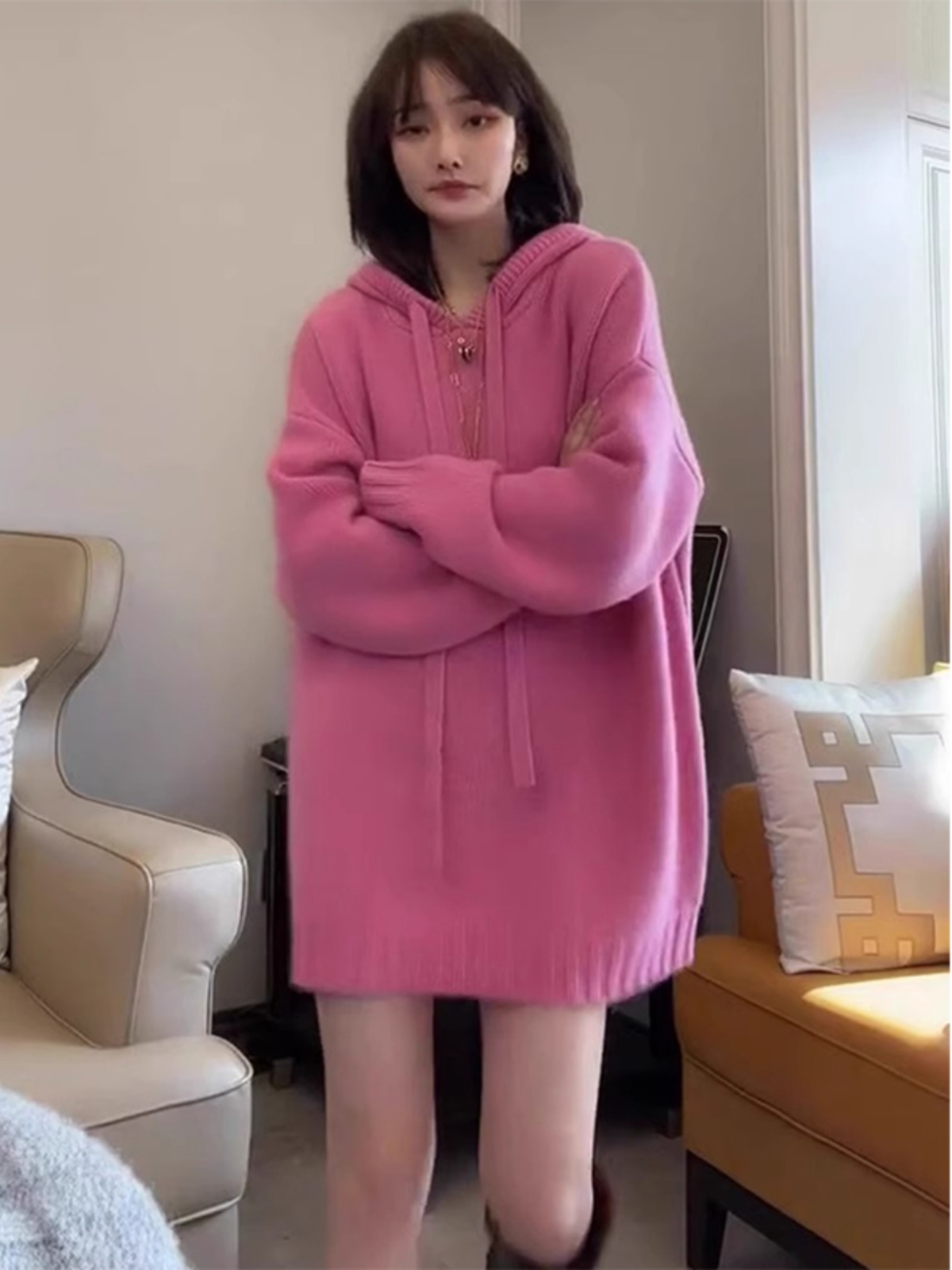 连帽中长款毛衣女秋冬季2025新款爆款宽松慵懒风加厚内搭针织上衣