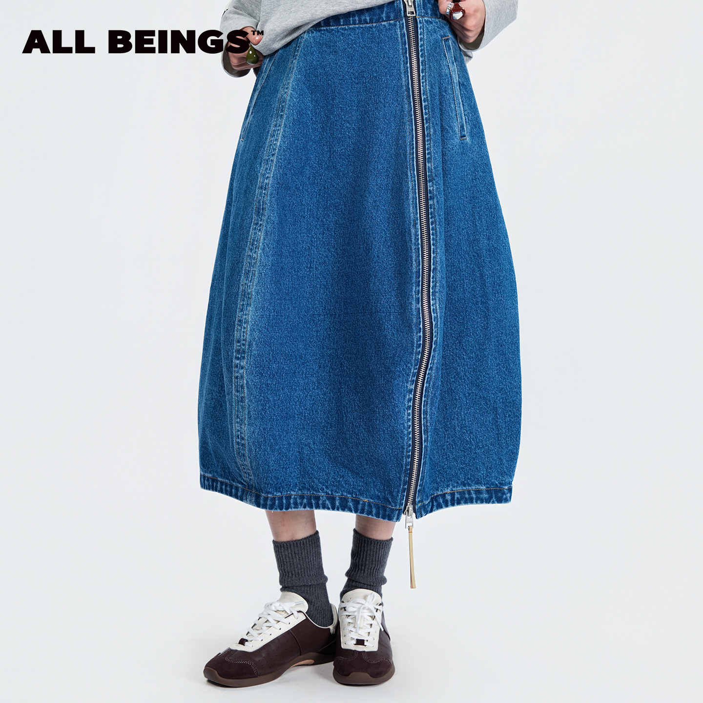ALL BEINGS25年秋冬设计师新款休闲百搭廓形感拉链牛仔花苞长裙