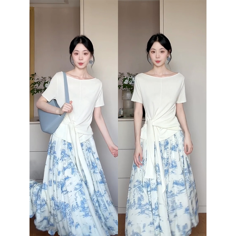 parkyeon夏季新款设计感绑带短袖T恤上衣气质高腰显瘦半身裙套装