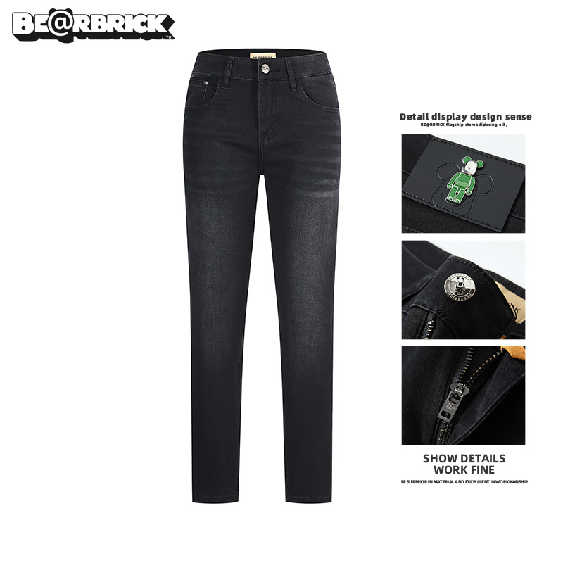 Be@rbrick积木熊【明星同款】夏季黑灰色男士薄款牛仔裤修身欧版潮