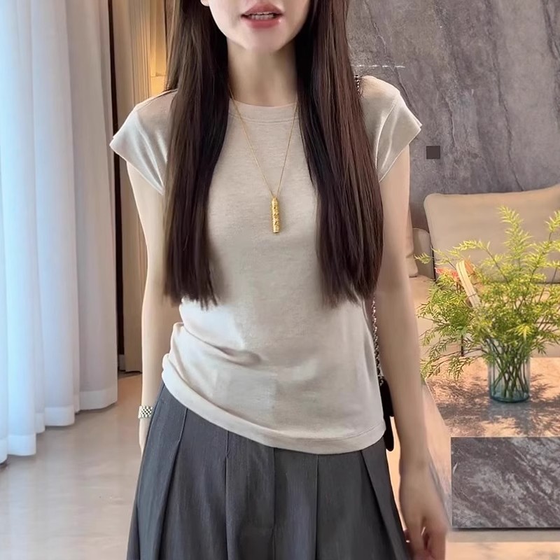 简约百搭短袖T恤女夏季薄款胖MM大码女装修身显瘦小飞袖圆领上衣