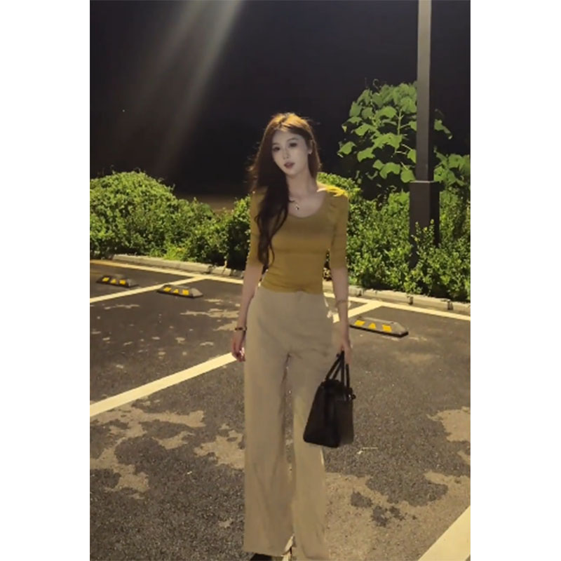 夏季2025小众设计款显瘦修身短款简约风上衣休闲宽松百搭直筒长裤