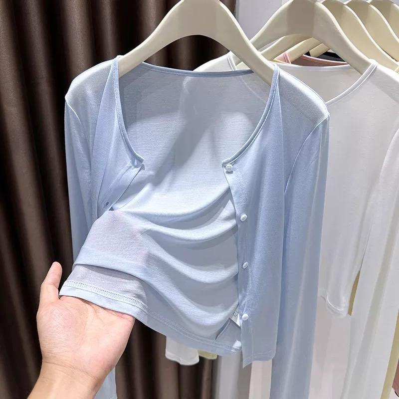 莫代尔针织防晒开衫女夏季小外搭白色披肩配吊带裙薄款空调外套