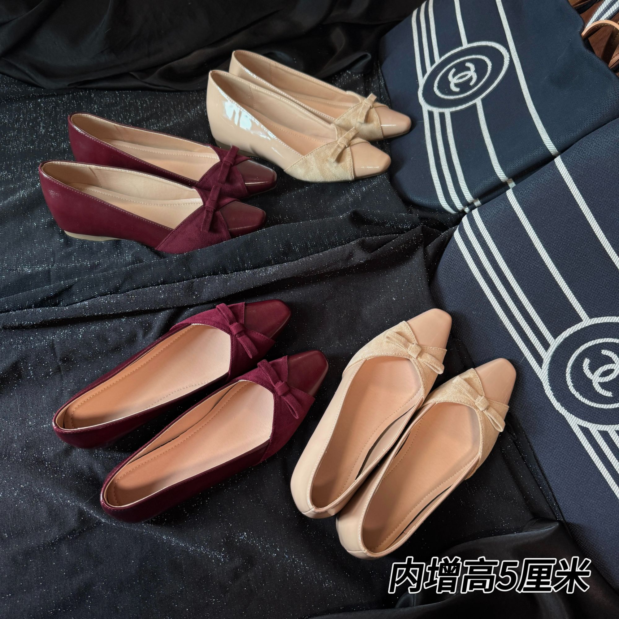 【内增高5厘米】尖头小蝴蝶结撞色浅口真皮单鞋