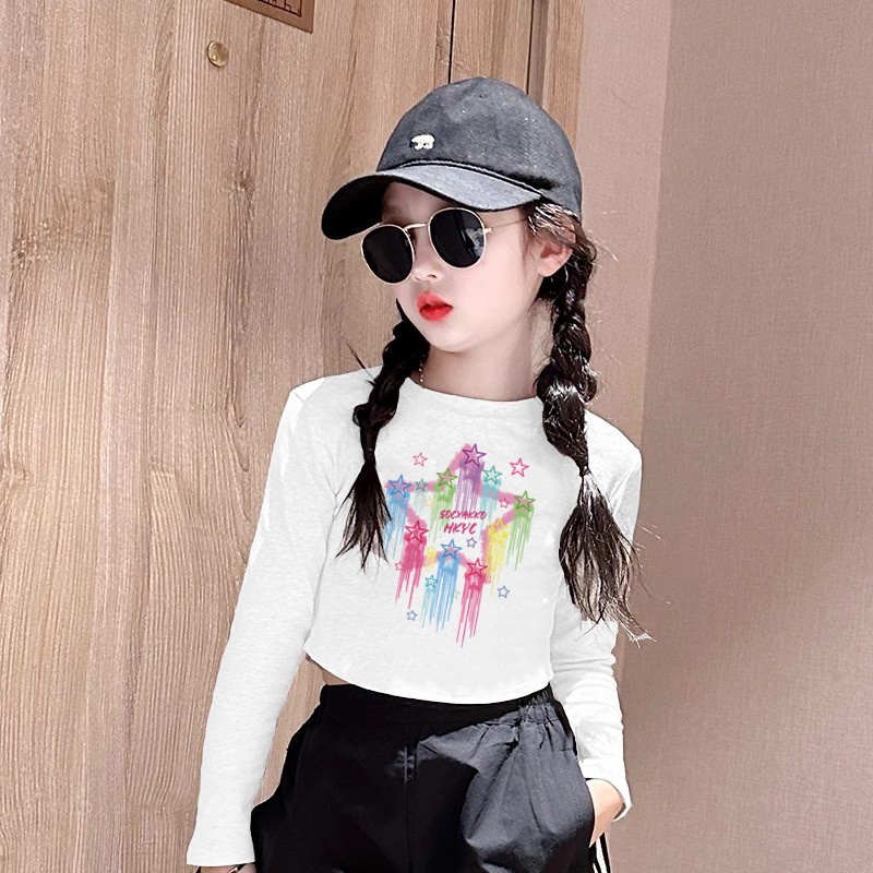 女童短款体恤春季薄款2025新款儿童长袖t恤女孩秋装高腰上衣白色