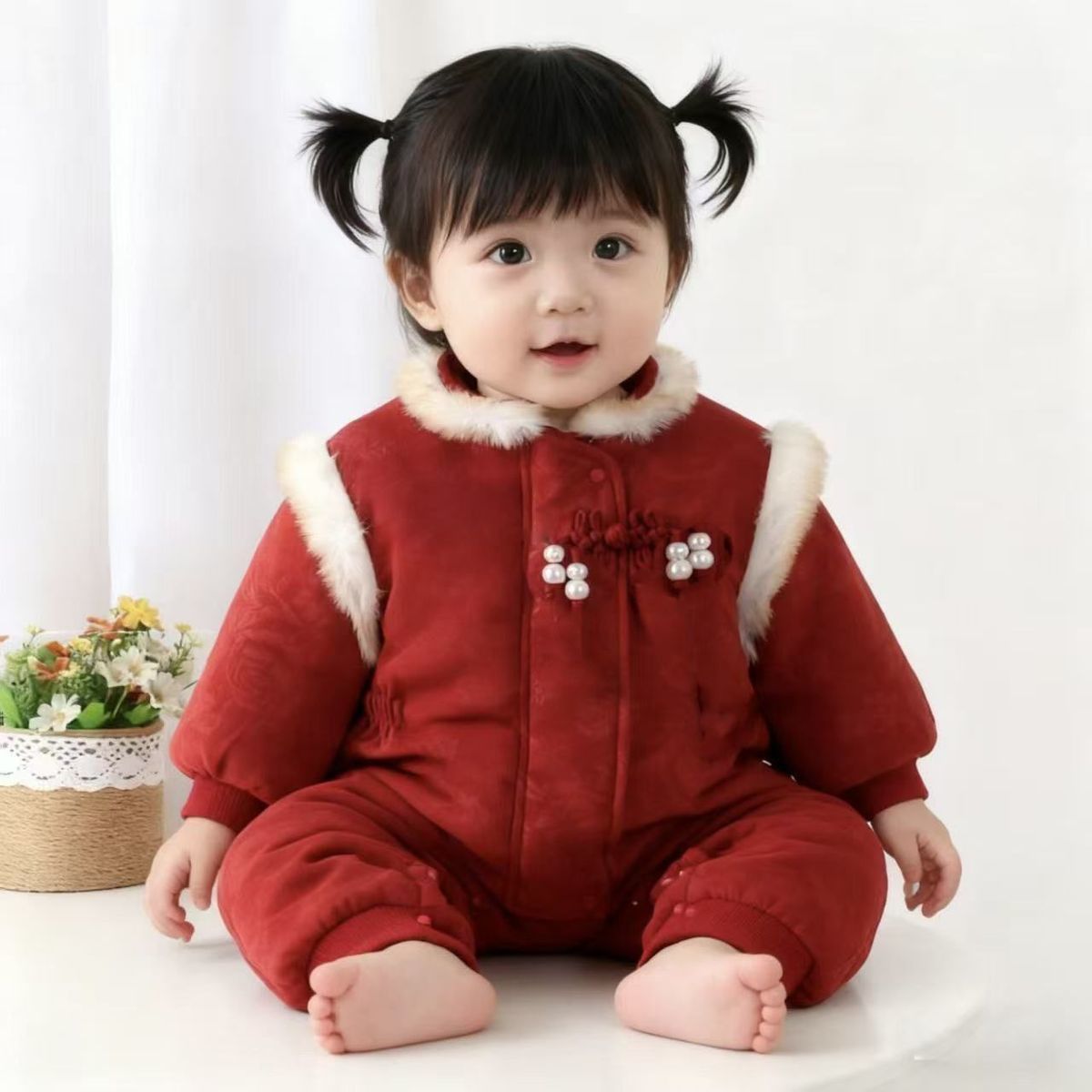 红色婴儿抓周新年衣服女宝周岁礼服中国风女童唐装套装加厚拜年服