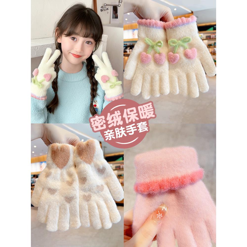 儿童手套秋冬季防寒保暖五指套男女童全指加绒可爱卡通加厚防冻手