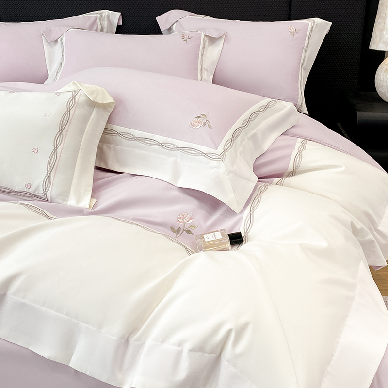 高端A类母婴级长绒棉磨毛四件套裸睡全棉刺绣被套纯棉床单笠床品4
