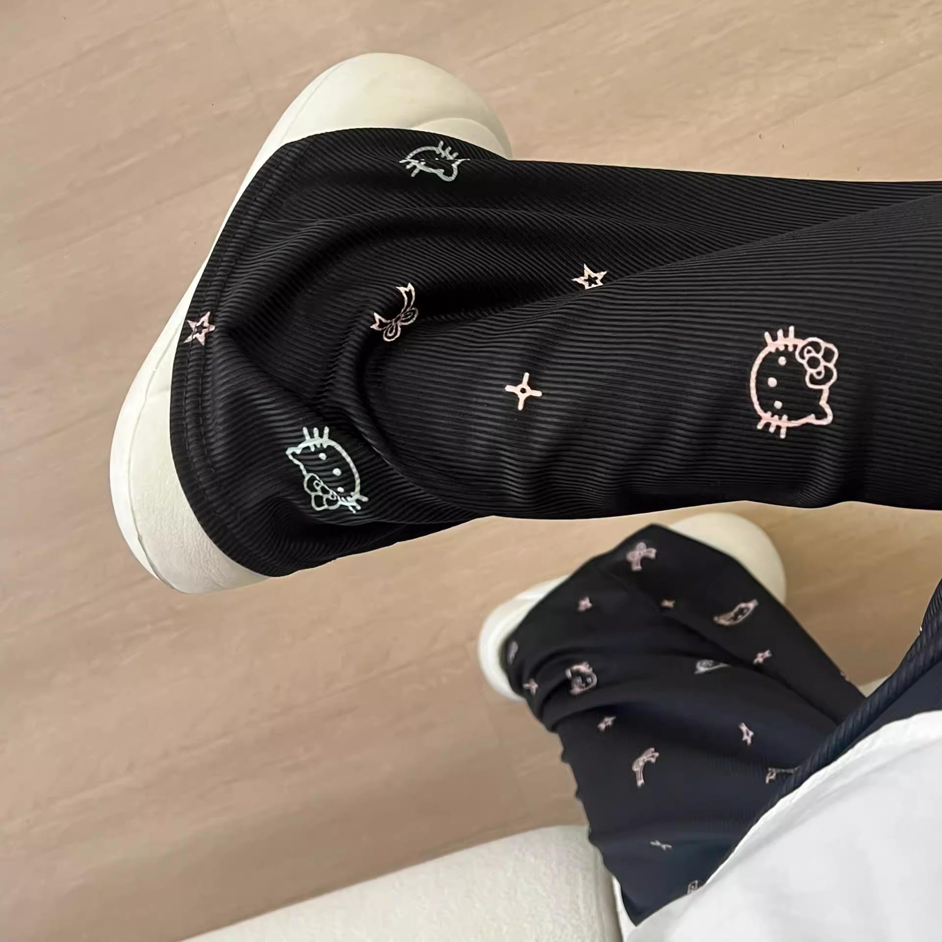 哈喽kitty遛弯裤黑色裤子女夏薄款休闲裤阔腿裤长裤凉凉裤飘飘裤m