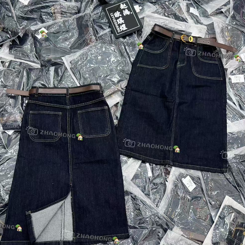 秋季新款高腰开叉A字深蓝色牛仔半身裙气质显瘦百搭