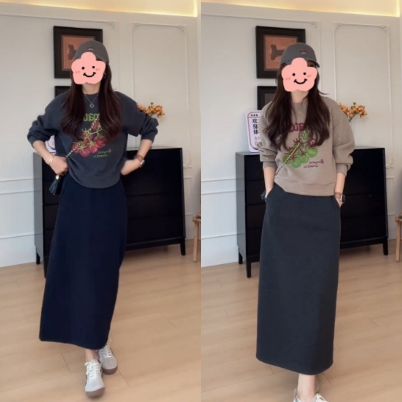 秋季番茄刺绣圆领卫衣+简约百搭松紧腰A版半身裙套装LK2506910