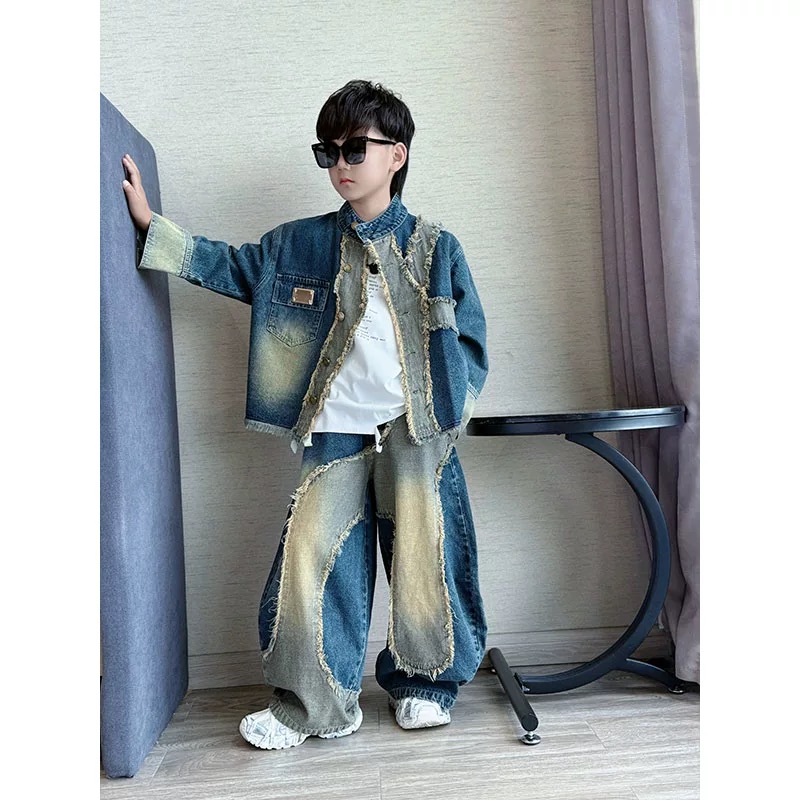 男童秋季潮酷百搭个性拼接毛边长袖牛仔套装中大童痞帅炸街两件套