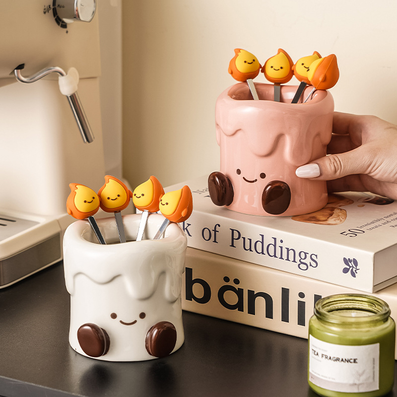 创意卡通高颜值陶瓷果叉罐套装下午茶个性甜品叉勺水果签礼品家用