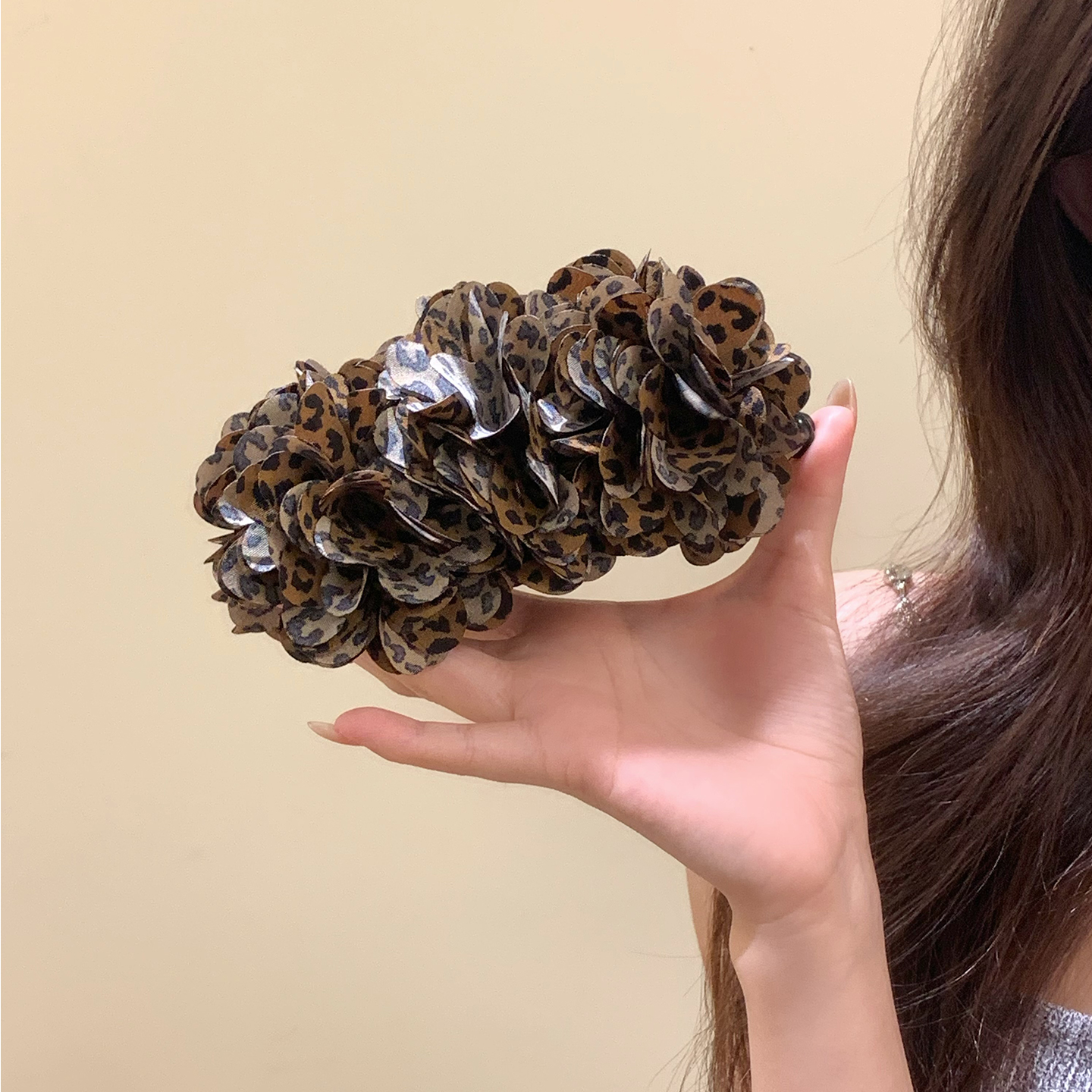 复古豹纹花朵香蕉夹女高级感发夹后脑勺显发量抓夹半扎发横夹发饰