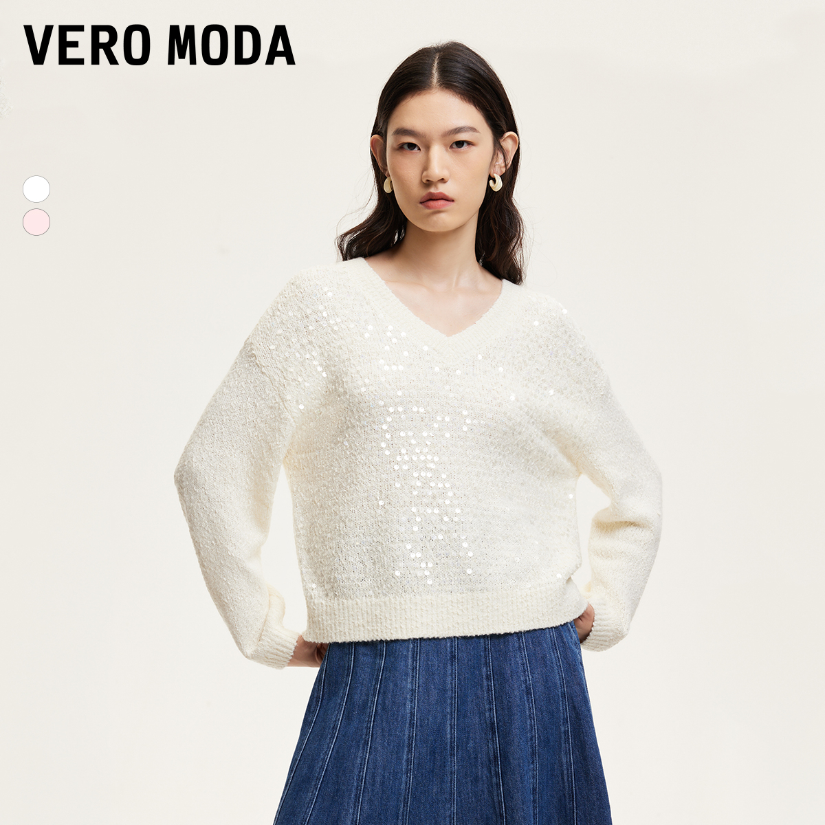 Vero Moda针织衫女24冬新款宽松H版垂顺亮片V领甜美时尚洋气百搭