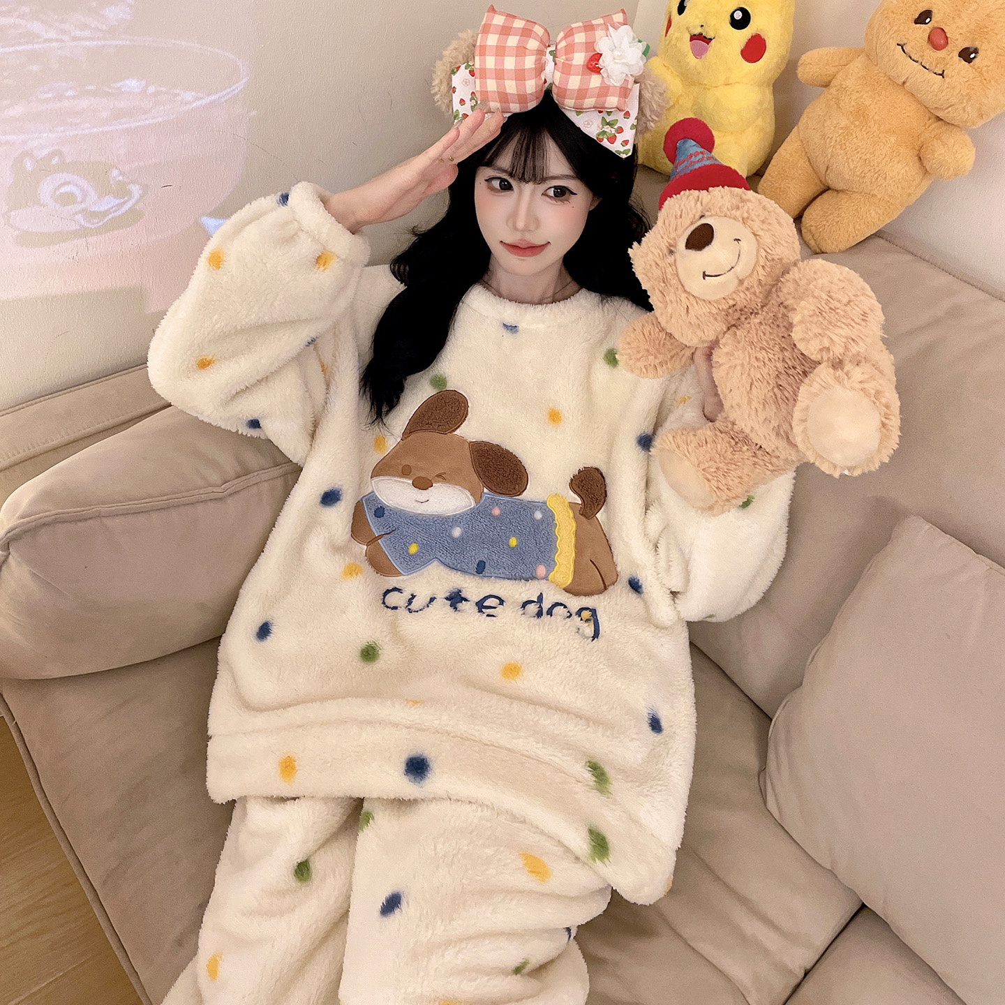 珊瑚绒睡衣女秋冬季加绒加厚加大码学生冬天保暖法兰绒家居服套装