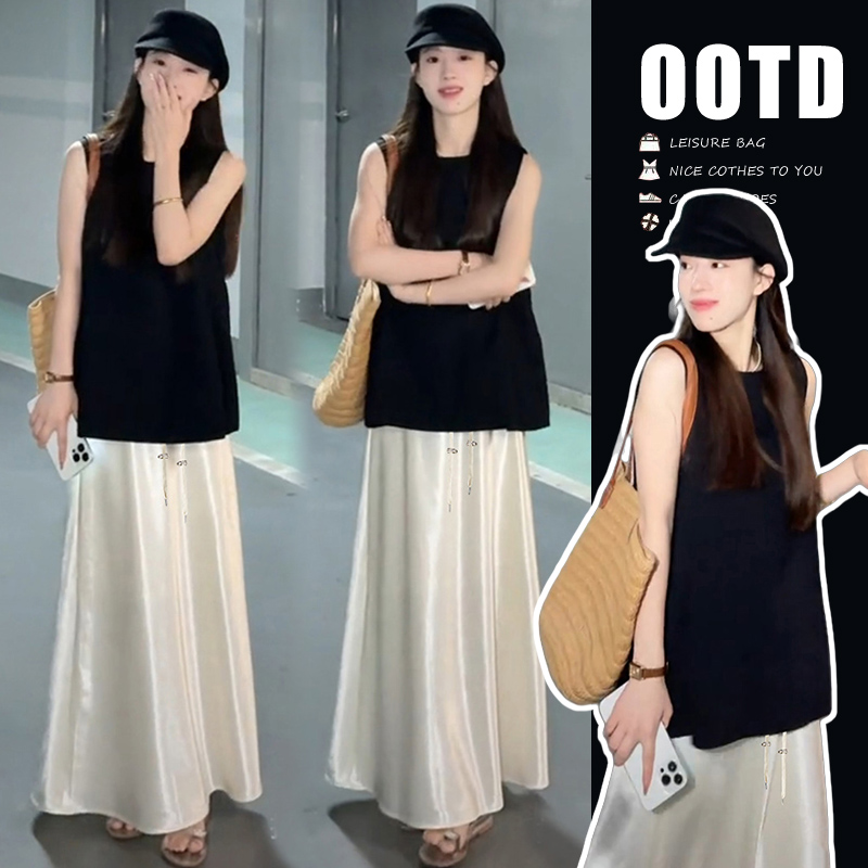 孕妇2025夏新法式时尚高级感V领无袖上衣缎面半身裙宽松孕妇套装