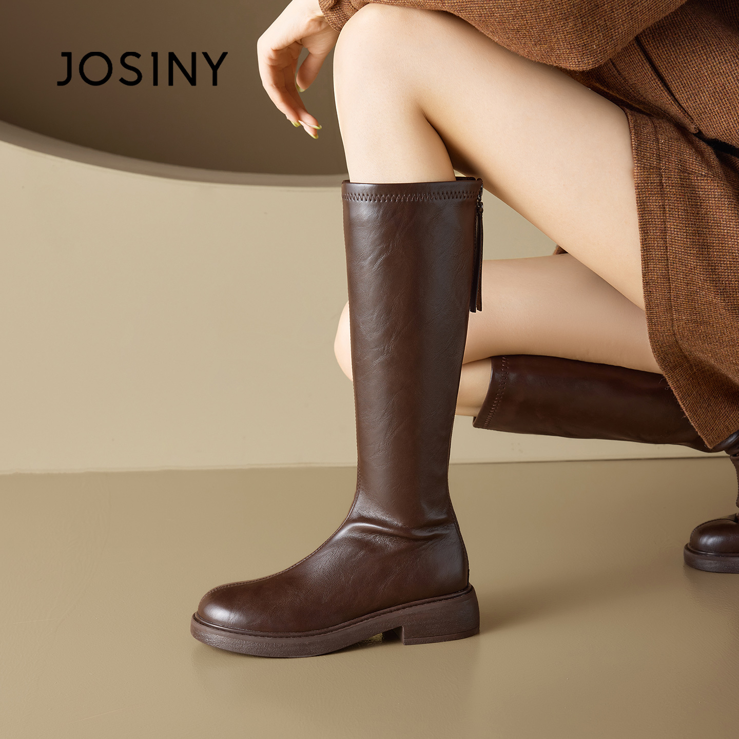 卓诗尼厚底骑士靴长筒靴女2025年秋冬爆款小个子棕色高筒靴子长靴